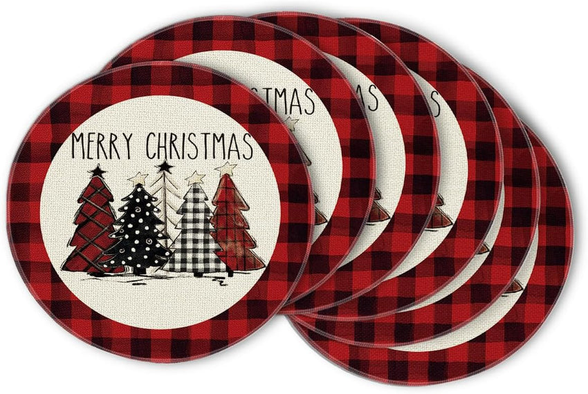 Artoid Mode Waterclor Buffalo Plaid Christmas Trees Placemats Set of 4, 12x18 Inch Winter Table Mats for Outdoor Home Party Kitchen Dining Decor
