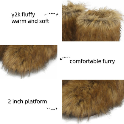 Wnshonzy Fur Boots for Women Snow Furry Fluffy Platform Flat Ankle Mini Boot Winter Round Toe Y2k Comfortable Mid-Calf Short Outdoor 2025