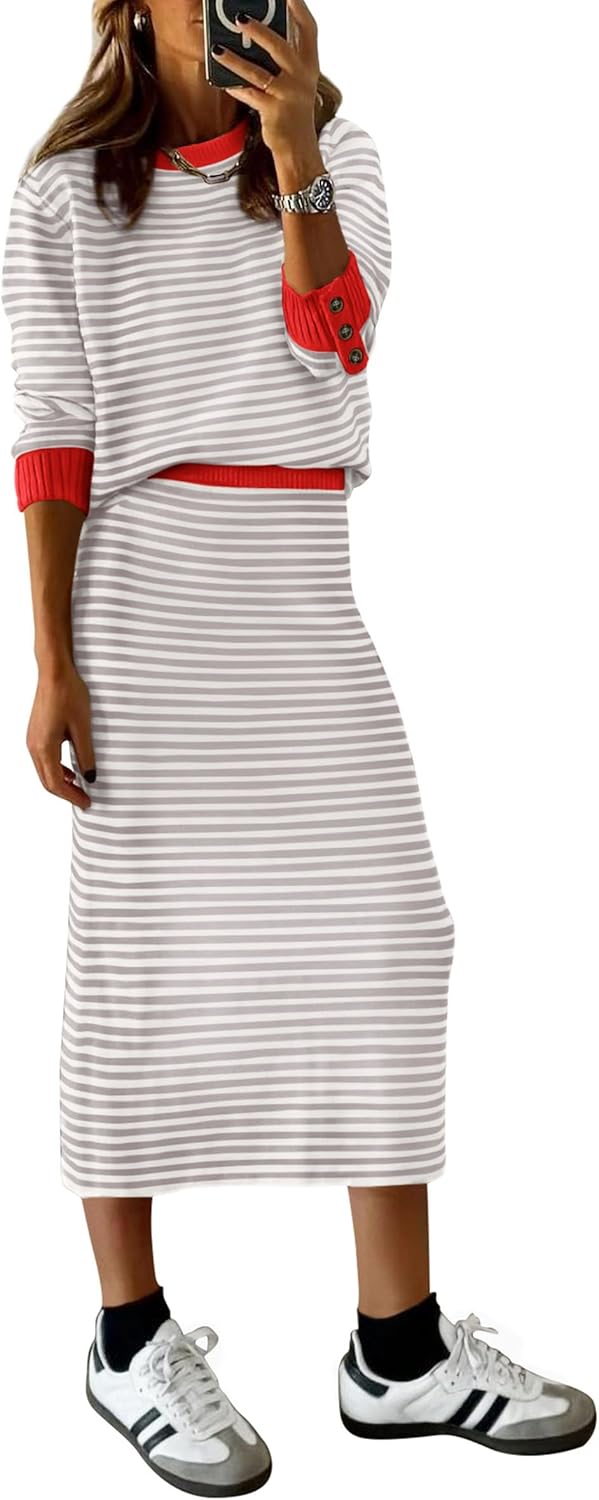 PRETTYGARDEN 2 Piece Skirts Sets For Women Fall Fashion 2025 Striped Sweater Dress Knit Lounge Travel Outfits Winter Clothing
