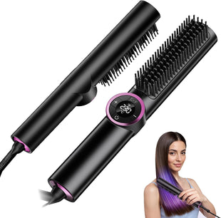 Hair Straightener Brush: 3-in-1 Curling & Straightening Comb with Dual Voltage, Hot Comb with Ionic Coating, Black