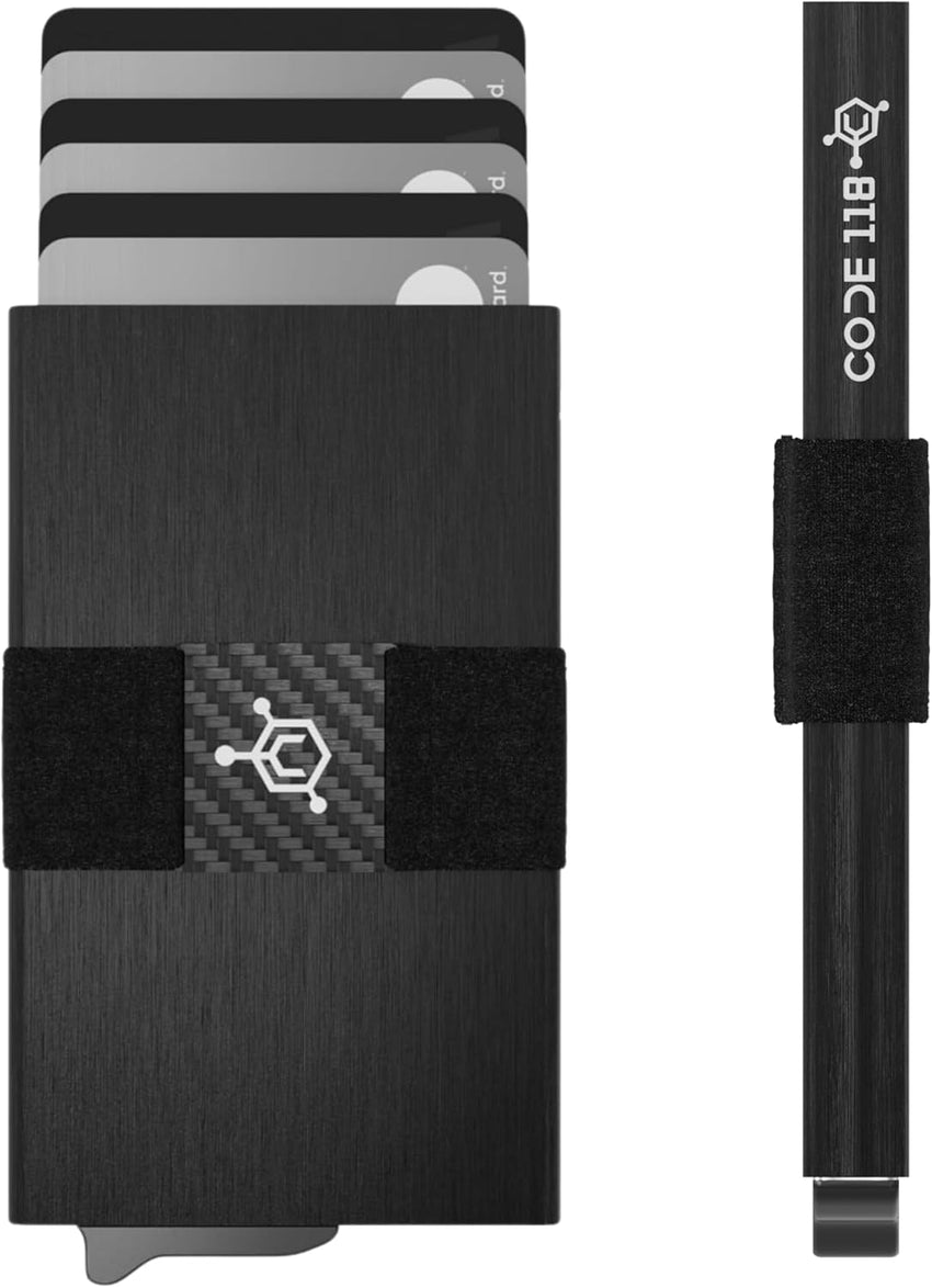 CODE 118 Wallet - Premium Automatic Smart Wallet, RFID Blocking, Pop Up Mens Minimalist Metal Wallet, 6061-T6 Aerospace-Grade Aluminum, Genuine 3K Carbon Fiber (Classic, Slate Grey)
