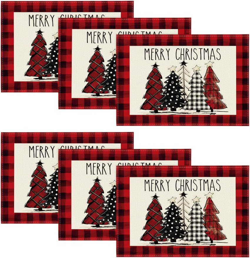 Artoid Mode Waterclor Buffalo Plaid Christmas Trees Placemats Set of 4, 12x18 Inch Winter Table Mats for Outdoor Home Party Kitchen Dining Decor