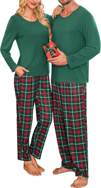 SWOMOG Couples Pajama Sets Women & Men Long Sleeve Sleepwear Top Plaid Pants Loungewear Set with Pockets