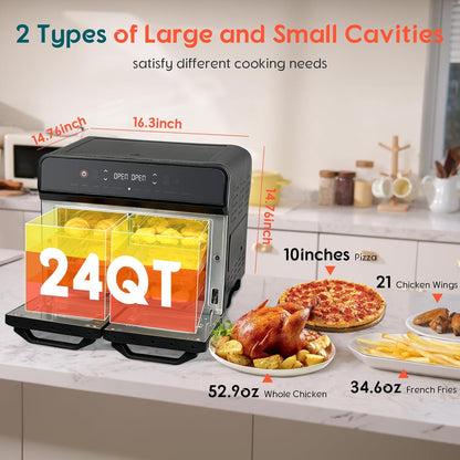 24Qt Dual Zone Air Fryer Oven with Rotisserie, Extra Large Double Air Fryers Mini Oven Digital 1800W 10 in 1 Airfryer Countertop Convection Toaster Oven Combo, Stainless Steel Inner, 360° Even Heating