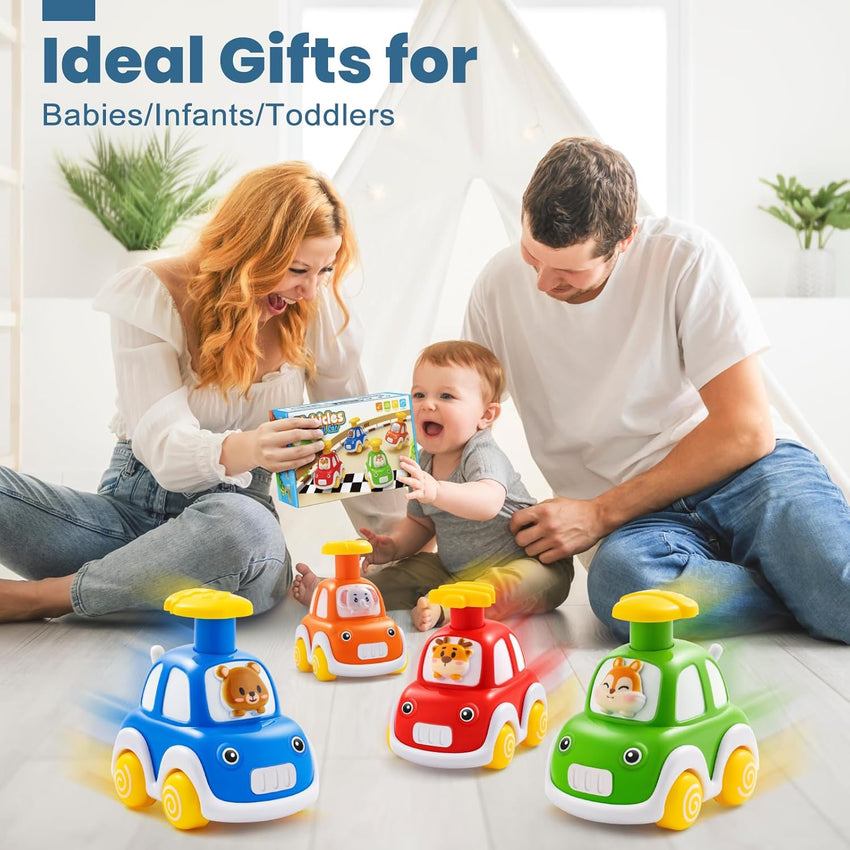 Press and Go Car Toys for Toddlers 1-3, 4 Pack Animal Baby Car Toys for 1 2 Year Old Boy, Push Go Friction Vehicle Toys for Infants 6-9-12-18 Months, One First Birthday Gifts for Boys Girls