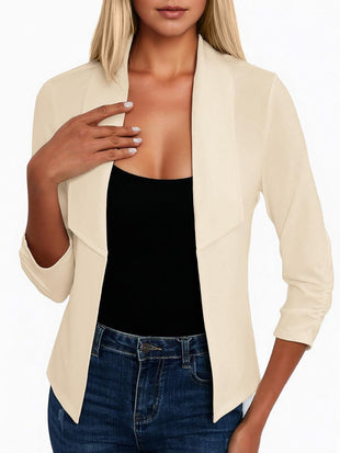 Mina Self 2025 Fall Women's 3/4 Ruched Sleeve Blazer - Cropped Open Front Shawl Collar Casual Light Office Work Jacket