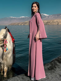 Elegant Beaded Abaya Robe, Open Front Long Sleeve Maxi Outerwear, Modest Cover-Up with Crystal Trim, NO INNER, Pink