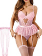 Women Lingerie Set Naughty Lace Bodysuit High Waisted Underwire Lingerie Babydoll With Garter Belt and Stockings