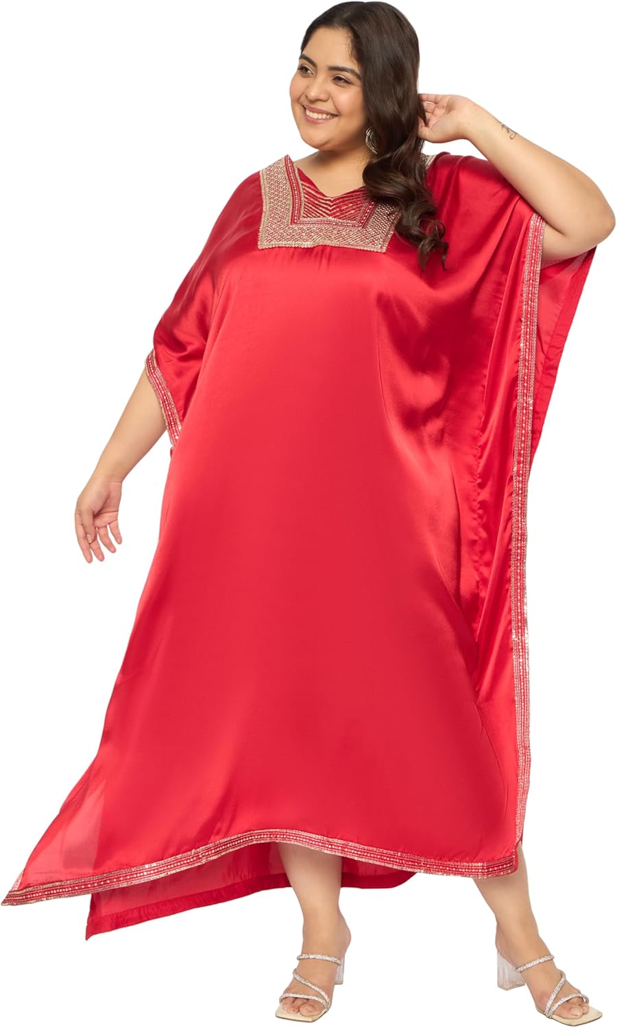Gypsie Blu Women’s Plus Size Satin Sequin Kaftan Dress with Kimono Sleeves Casual Resort Wear Stylish Loose Fit Evening Dress