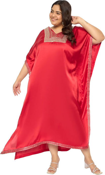 Gypsie Blu Women’s Plus Size Satin Sequin Kaftan Dress with Kimono Sleeves Casual Resort Wear Stylish Loose Fit Evening Dress