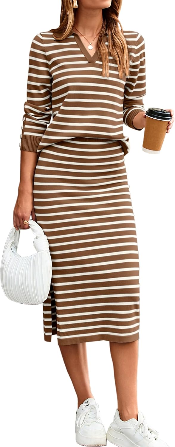 Glamaker Womens 2 Piece Skirt Sets Striped Sweater Dress Casual Polo Neck Knit Long Sleeve Midi Dresses Fall Fashion Outfits
