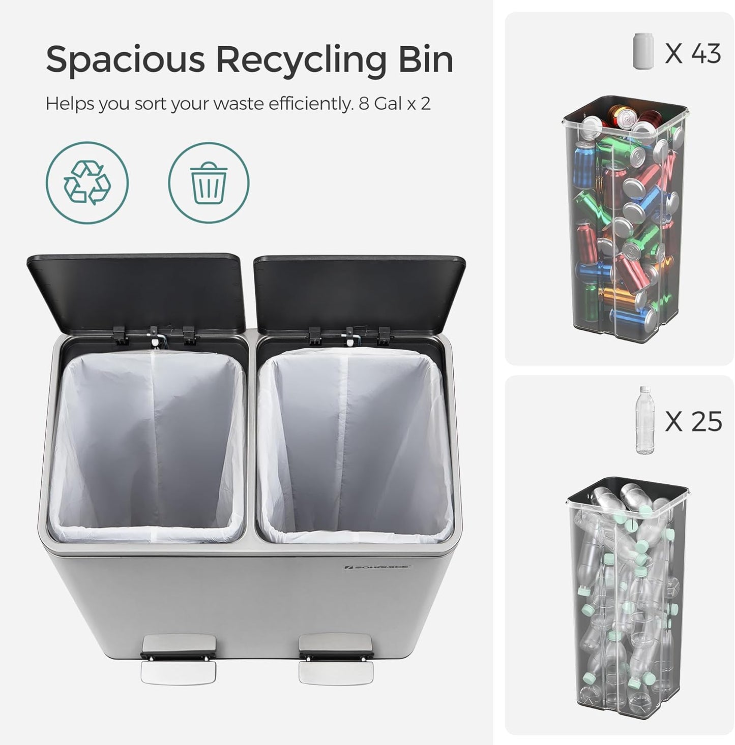 SONGMICS Trash Can, 2 x 8 Gallon (2 x 30 L) Garbage Can for Kitchen, with 15 Trash Bags, 2 Compartments, Plastic Inner Buckets and Hinged Lids, Airtight, Silver and Black ULTB60NL