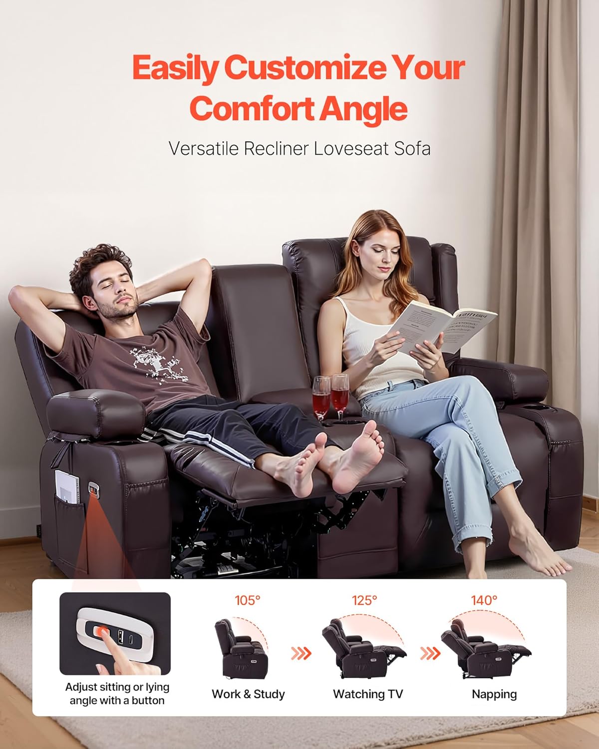 VEVOR Loveseat Recliner Sofa with Massage & Heat, Power Reclining Couch with Console, PU Leather Electric RV Sofa with USB & Outlet/Storage/Cup Holders/Pockets, Home Theater Seating for Living Room