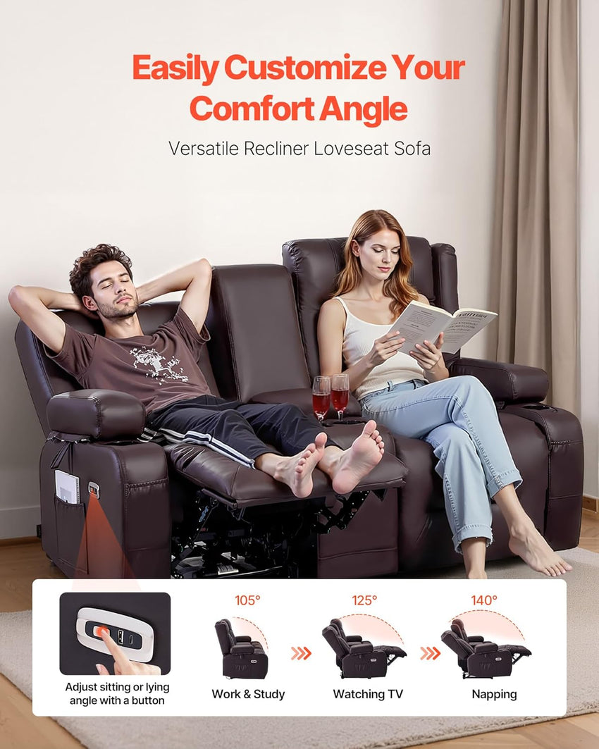 VEVOR Loveseat Recliner Sofa with Massage & Heat, Power Reclining Couch with Console, PU Leather Electric RV Sofa with USB & Outlet/Storage/Cup Holders/Pockets, Home Theater Seating for Living Room
