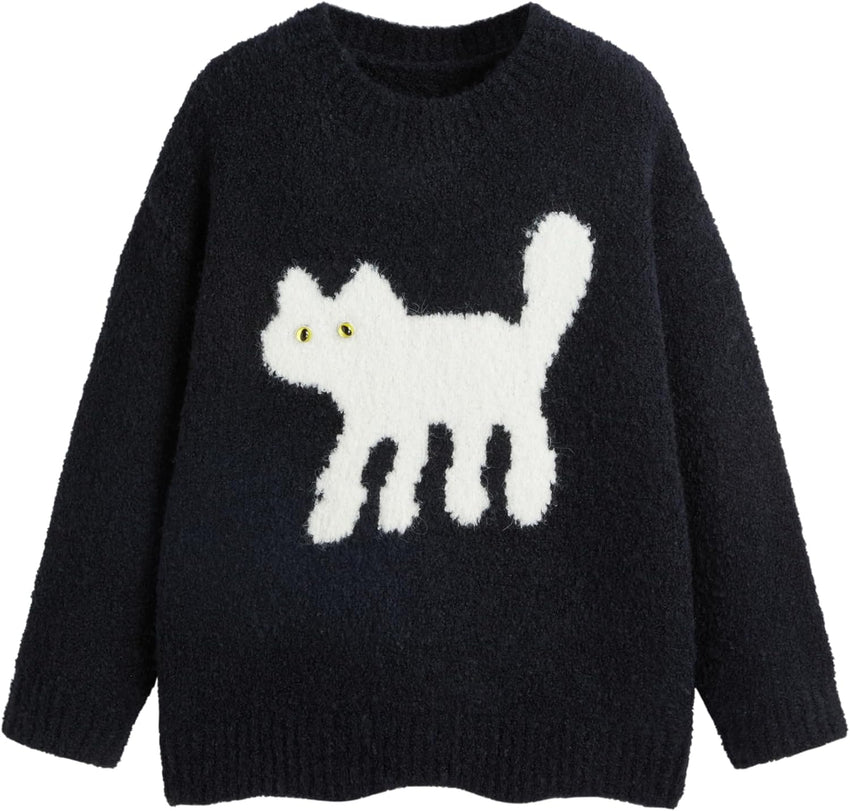 CIDER Women’s Cat Sweater Long Sleeve Crew Neck Fun Graphic Cute Patterned Pullover Sweater Tops