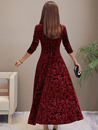 Women's Velvet Midi Dresses Floral Print Long Sleeve V Neck Formal Wedding Guest Fall Winter Dress