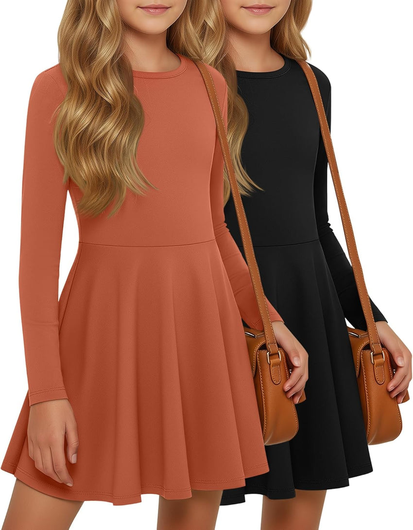 2 Pack Girls Long Sleeve Dress Skater Twirl a Line Crewneck Casual Fall Dresses for Kids 5-14 Years