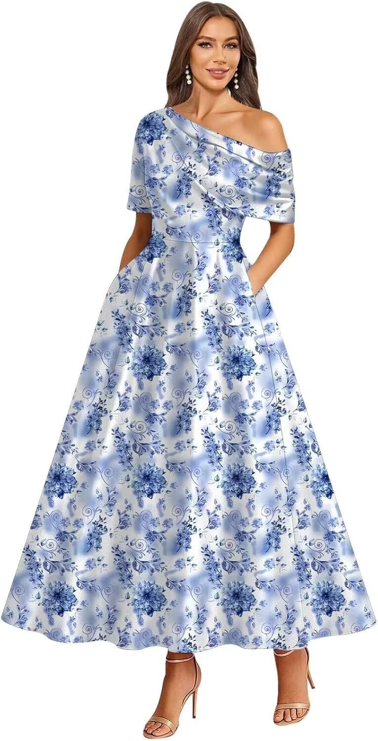 Tea Length Mother of Bride Dresses for Women Satin One Shoulder Wedding Guest Dress Formal Evening Party Gown with Pocket