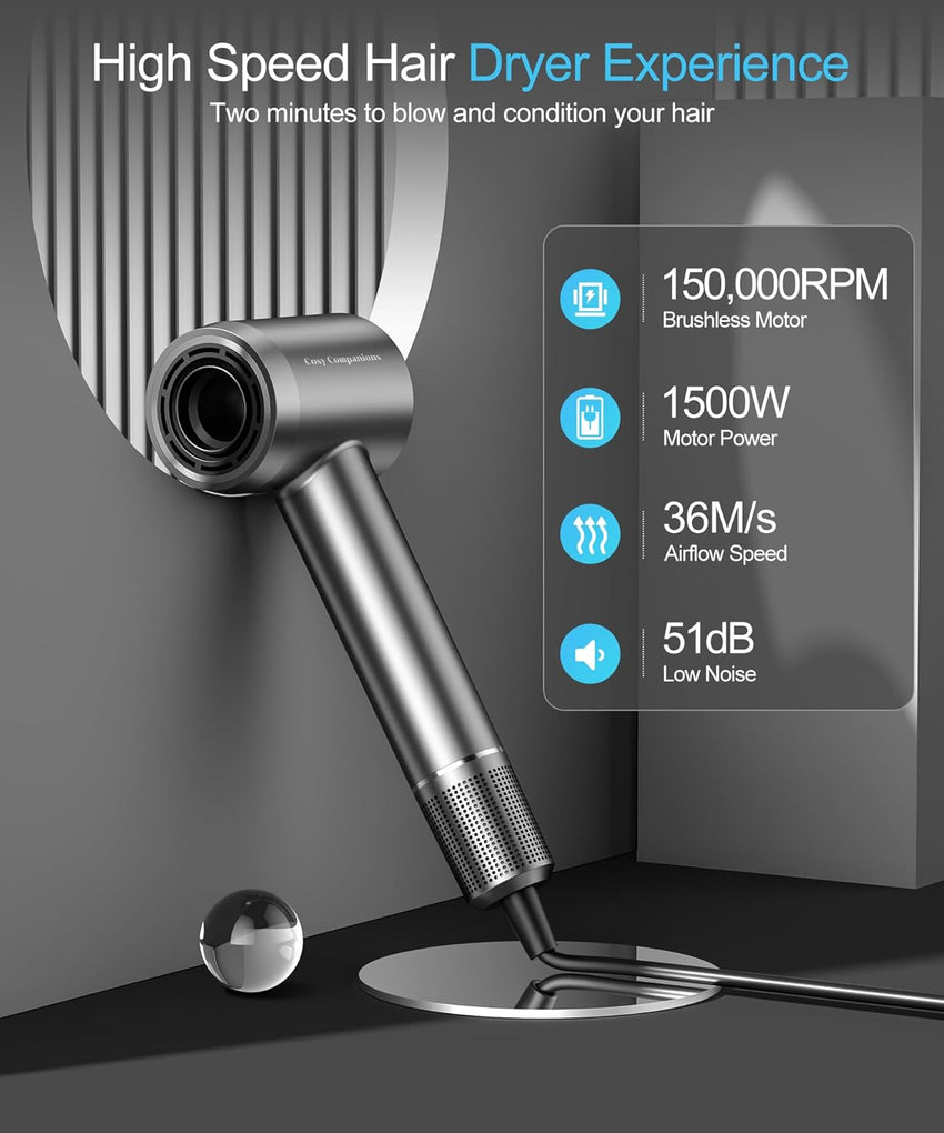 Hair Dryer - Negative Ionic Blow Dryer with 150000 RPM High Speed Brushless Motor for Fast Drying, Low Noise, HD Display Hair Dryer with Diffuser and Nozzle, 5 Temps & 2 Speeds