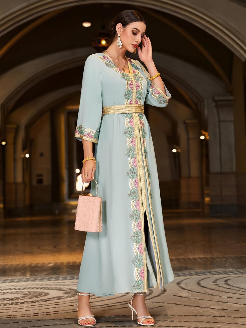 Elegant Floral Embroidered Kaftan Maxi Dress, Handcrafted Abaya 3/4 Sleeve with Gold Trim, V-Neck, Light Blue