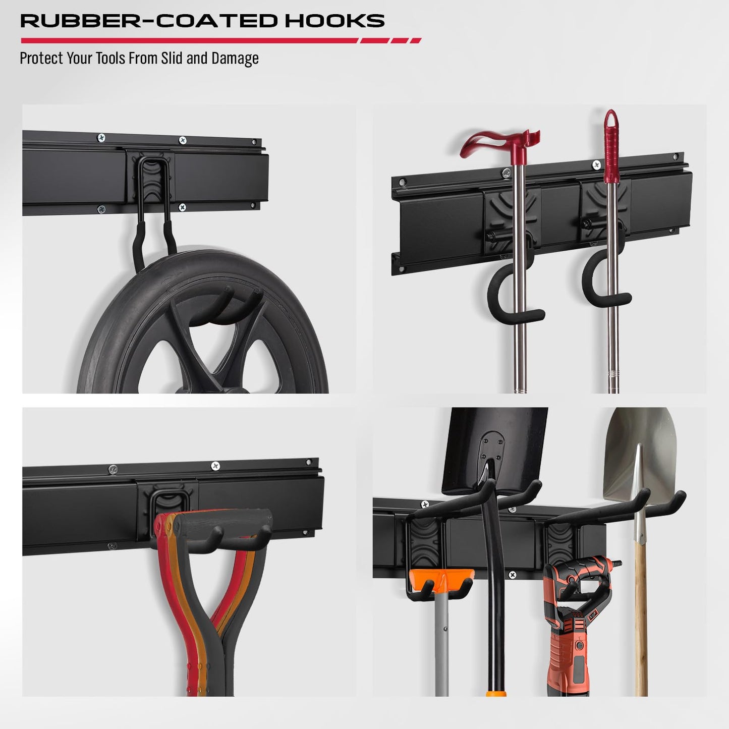 48" Heavy Duty Garage Wall Organizer, Wall Mount Tool Storage Rack with Adjustable Hooks, Garden Tool Organizer Hold Up to 300lbs, Easy Installation (3 Panels, 8 Hooks, 3 Straps)