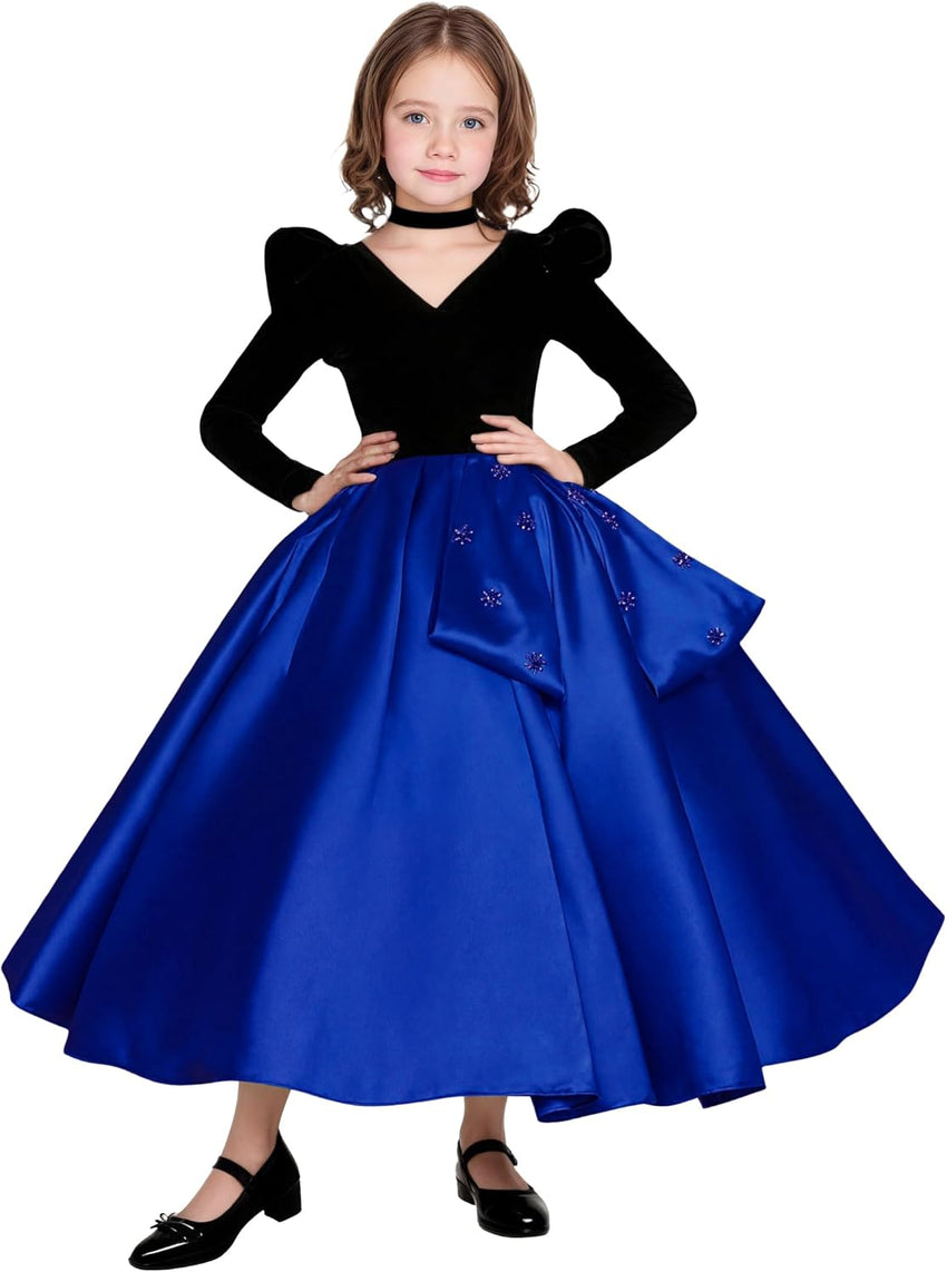 Long Sleeve Velvet Flower Girl Dresses A Line Crystal Satin Formal Dresses for Christmas