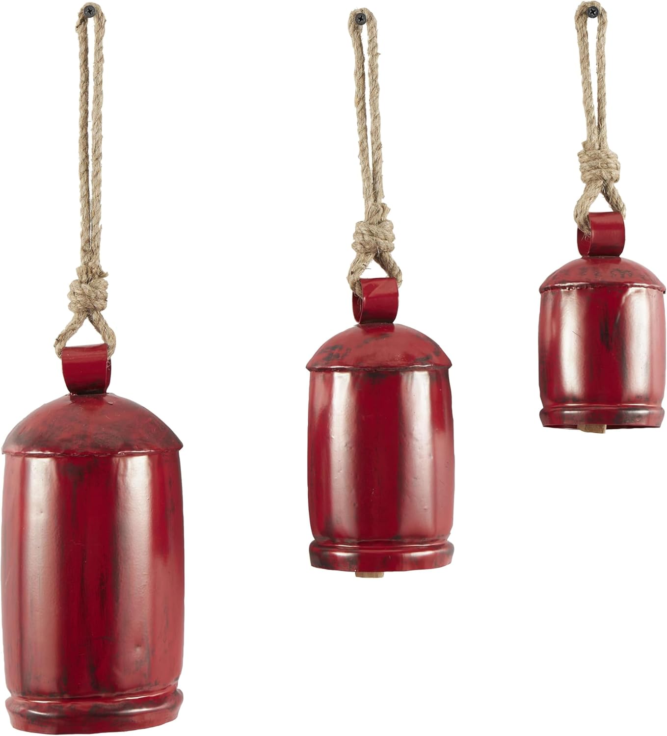 Deco 79 Gold Metal Tibetan Inspired Decorative Giant XL Cow Bells with Jute Hanging Rope, Set of 3 10",8",6"H - Cylindrical