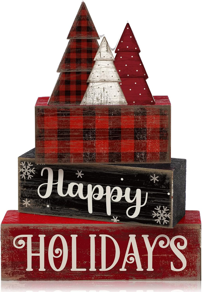 4 Pcs Christmas Table Decor Wooden Hot Cocoa Decoration Christmas Centerpiece Winter Tiered Tray Decor Decorative Red Hot Cocoa Block Signs Gift Farmhouse Xmas Decoration for Home Kitchen