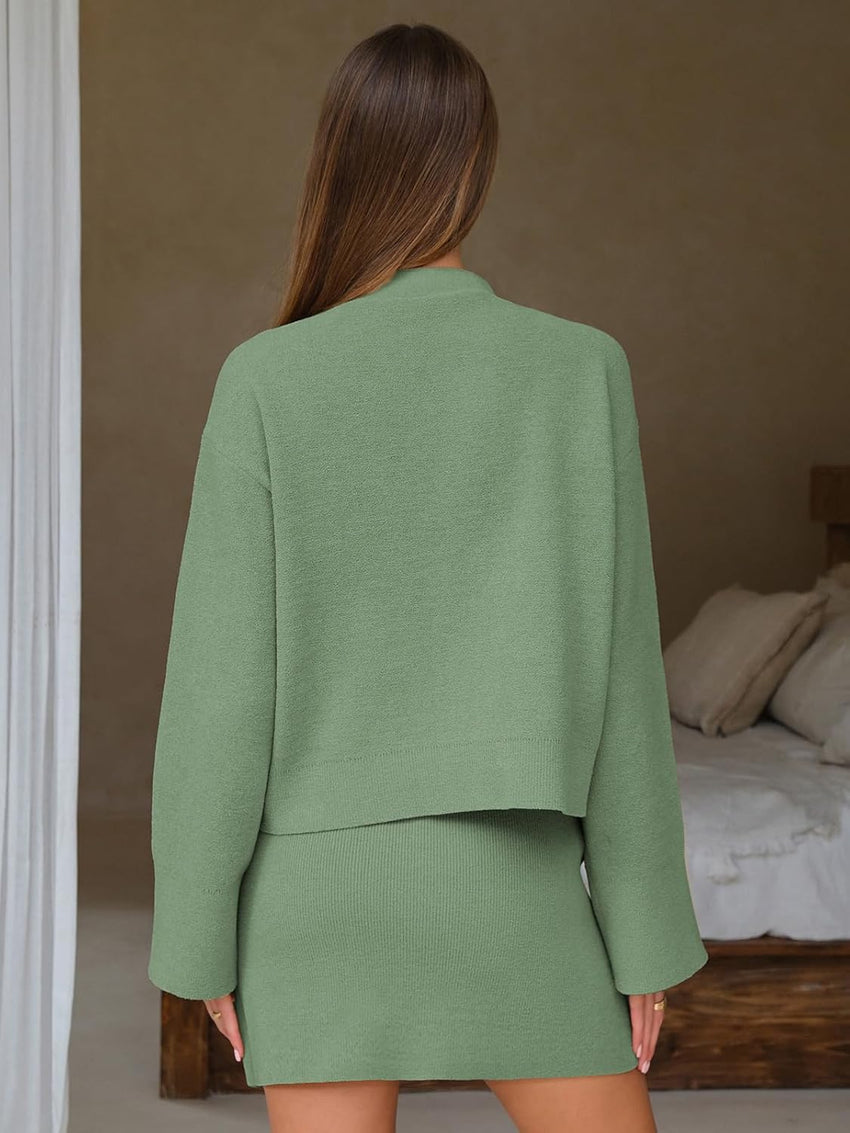 EXLURA Womens 2 Piece Skirt Sweater Sets V Neck Button Up Cardigan Mini Skirts Fall Winter Knit Trendy Outfits Pockets 2025