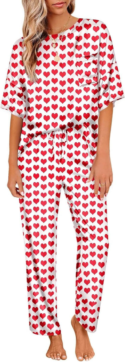 Ekouaer Womens Satin Silky Pajama Set Short Sleeve Shirt with Long Pajama Pant Set Soft PJ Loungewear