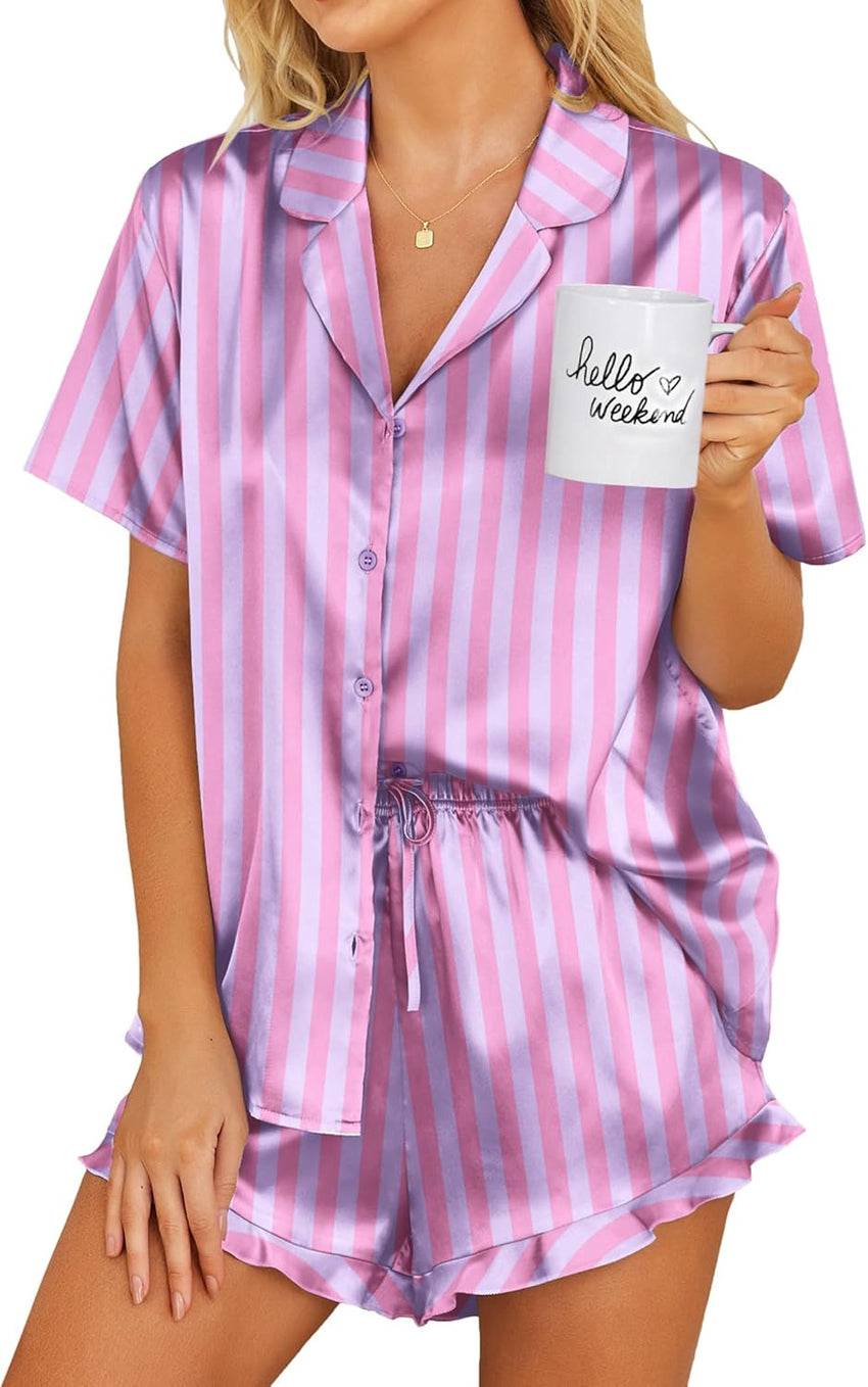 Ekouaer Womens Satin Pajamas Set Button Down 2 Piece Silk Pjs Shorts Set Ruffle Lingerie Notch Collar Sleepwear