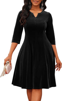 Nmoder Midi Dresses for Women A-Line Fit and Flare Dress 3/4 Sleeve V Neck Cocktail Wedding Guest Work Dress with Pockets