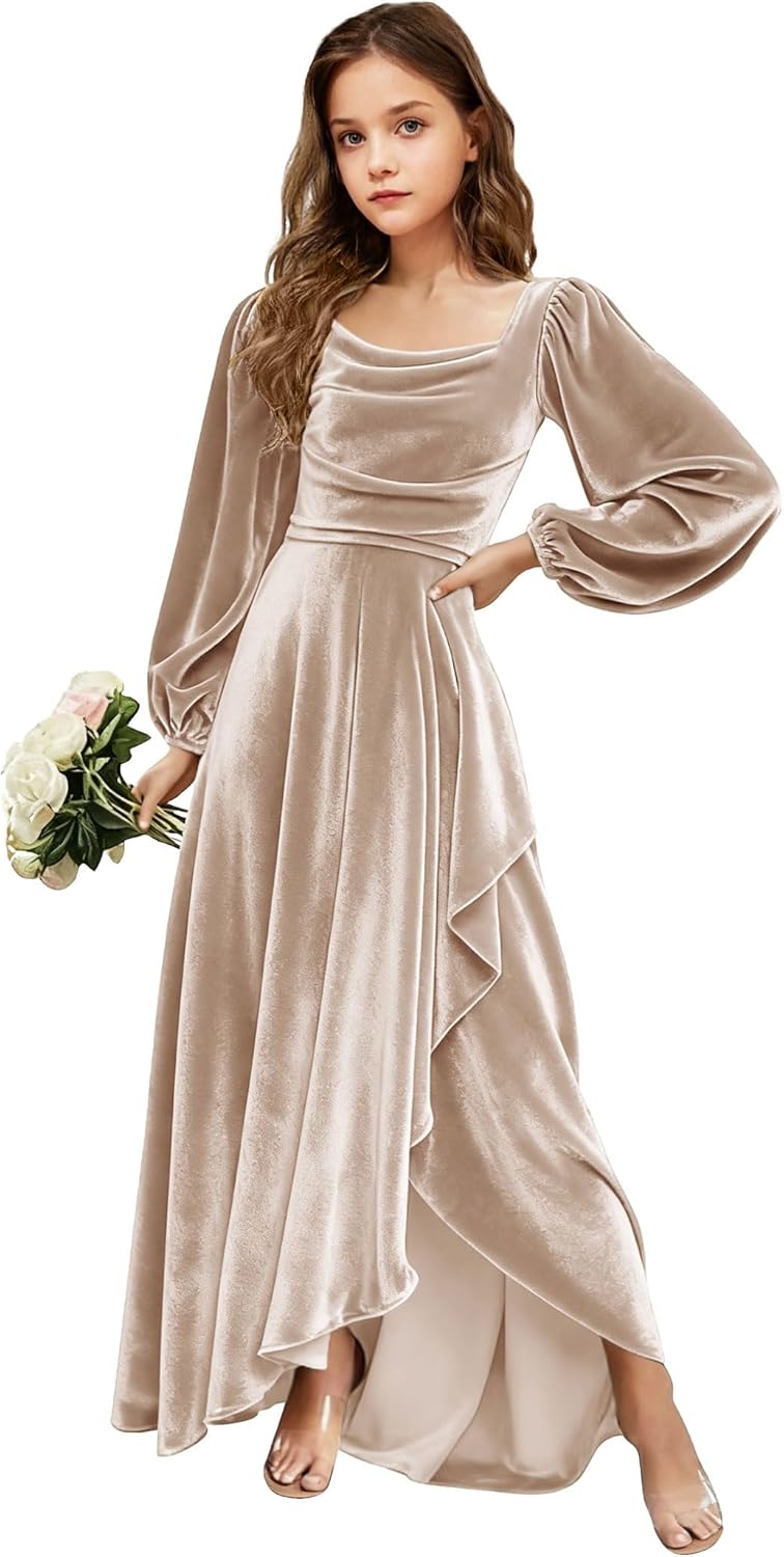 Velvet Junior Bridesmaid Dresses Long Sleeve Girls Christmas Dress Flower Girl Dresses Wedding Guest Maxi Party Gown