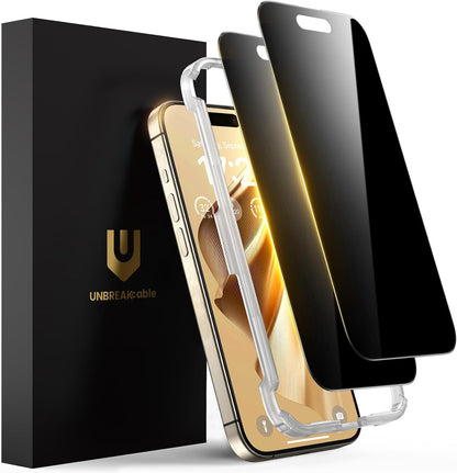 UNBREAKcable Privacy Screen Protector for iPhone 16 Pro Max, Full Coverage Shatterproof Tempered Glass [True 28°Anti Spy] [9H Hardness] [Installation Frame] Private Protector for iPhone 6.9"-2 Pack