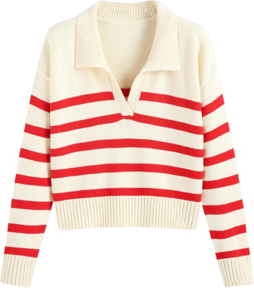 CIDER Women’s Polo Sweater Striped Collared Lightweight Long Sleeve V Neck Pullover Fall Sweater Tops 2025
