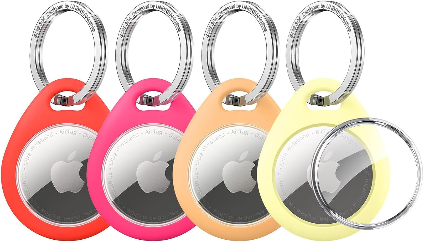 UNBREAKcable AirTag Holder for Apple - 4 Pack Air Tag Case [Fit Tightly Design] [Easy to Install] [Hold Securely] Waterproof TPU Protective Cover with Metal Keychain for Kids,Pet,Luggage,Backpack,Keys
