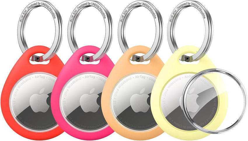 UNBREAKcable AirTag Holder for Apple - 4 Pack Air Tag Case [Fit Tightly Design] [Easy to Install] [Hold Securely] Waterproof TPU Protective Cover with Metal Keychain for Kids,Pet,Luggage,Backpack,Keys