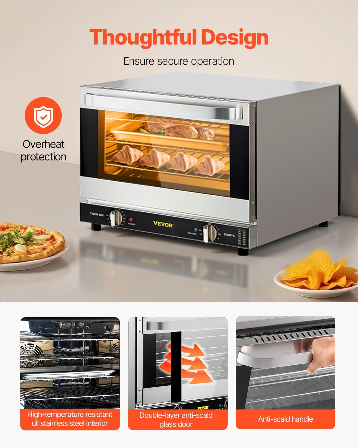 VEVOR Commercial Convection Oven, 21L/19Qt, Quarter-Size Conventional Oven Countertop, 1440W 3-Tier Toaster w/Front Glass Door, Electric Baking Oven w/Trays Wire Racks Clip Gloves, 120V