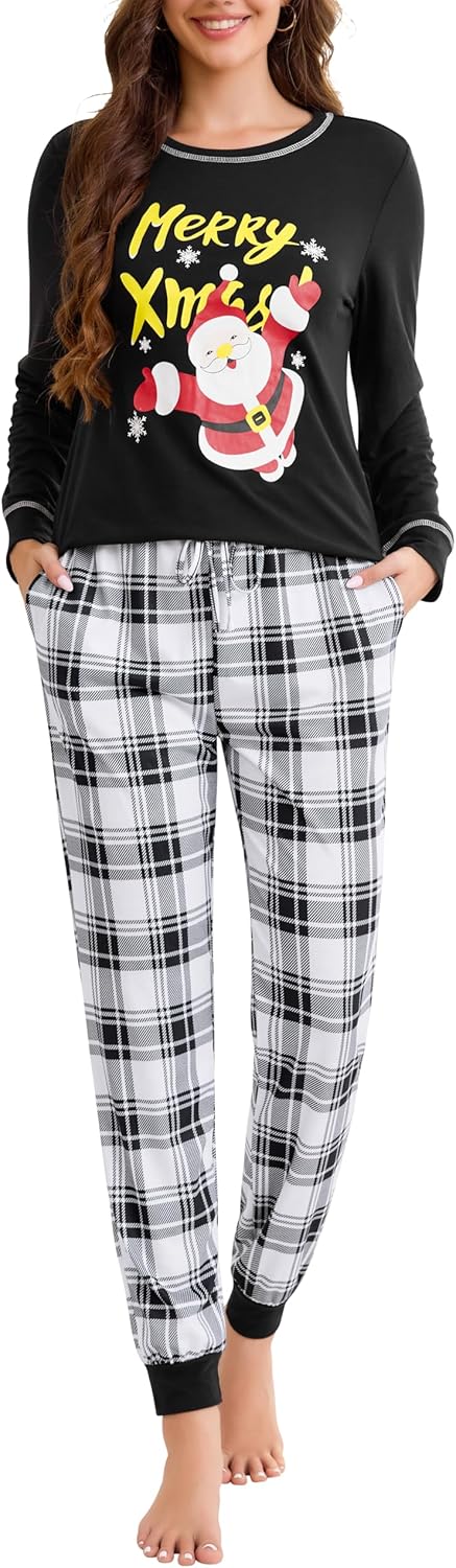 difficort Womens Christmas Pajamas Long Sleeve Pj Set Soft Plaid Pants Sleepwear with Pockets
