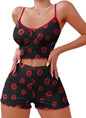 Hilinker Womens Graphic Print Ribbed PJ Set Crop Cami Tops and Shorts Cute Pajamas Set