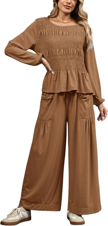 Womens 2-Piece Boho Long Sleeve Smocked Top & Wide Leg Pants Set Casual Lounge Outfit with Pockets