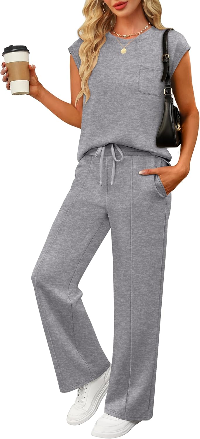 ANRABESS Two Piece Sets for Women Summer Sleeveless Sweatsuits Wide Leg Casual Lounge Set Matching Vacation Travel Outfits