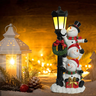 Bdor Snowman with Lamppost – Resin Christmas Figurine for Holiday Home, Tabletop, Indoor Party Decorations, Festive Winter Decor