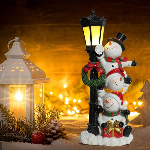 Bdor Snowman with Lamppost – Resin Christmas Figurine for Holiday Home, Tabletop, Indoor Party Decorations, Festive Winter Decor