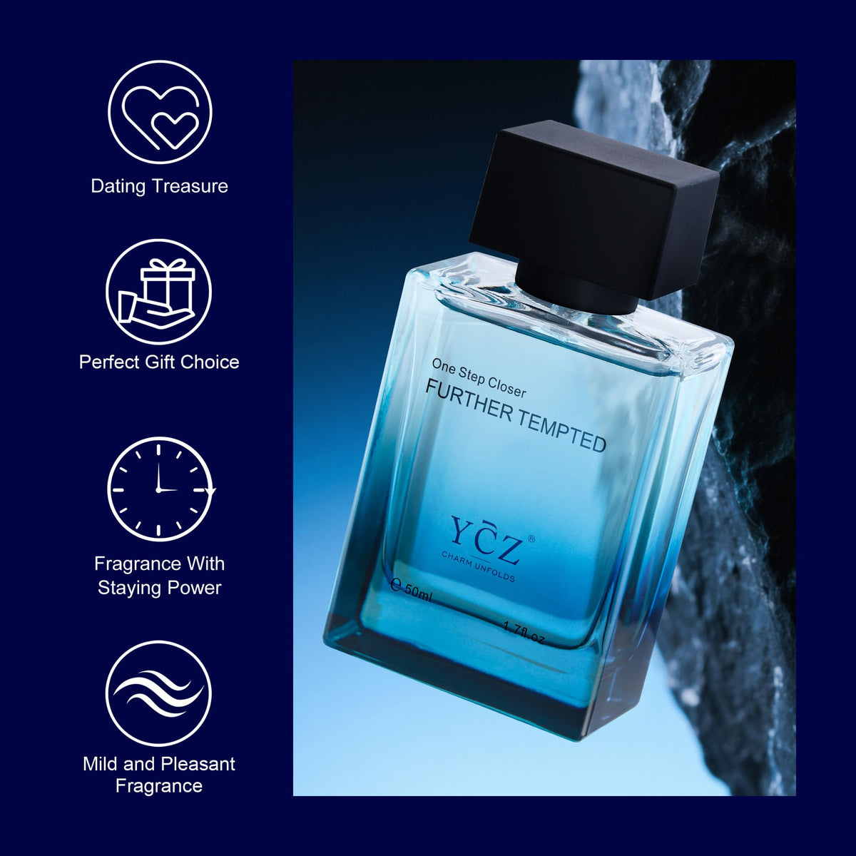 Ycz Midnight Marine Eau de Parfum for Men, 1.7 Fl Oz (50 mL), Long-Lasting Cologne, Fresh Marine & Woody Fragrance with Grapefruit, Ginger and Cedar Notes for Daily Wear, Date Night and Gifts