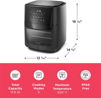 Frigidaire 5-in-1 Air Fryer Combo Oven with Viewing Window, Large 12.6 QT Capacity, Digital Display, 5 Cooking Modes, 7 Recipe Presets, Automatic Shake Reminder, PFAS-Free Cooking Surfaces, Black