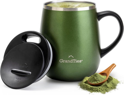 GRANDTIES Insulated Coffee Mug with Handle–Sliding Lid for Splash-Proof 16oz Wine-Glass Shape Thermal Tumbler with Double Walled Vacuum Stainless Steel to Keeps Beverages Hot or Cold-Cognac Metallic