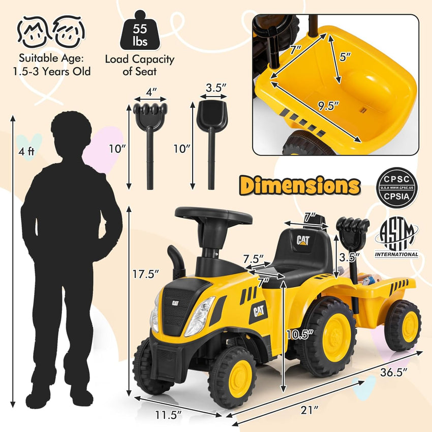 HONEY JOY Kids Ride on Tractor, Licensed Caterpillar Ride On Push Car for Toddlers, Detachable Trailer, Shovel & Rake, Horn, Engine Sound, LED Lights, No Power Ride On Toy for Boys Girls (Yellow)