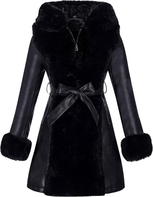 RISISSIDA Luxurious Women Winter Fur Lined Coat, Leather Jacket with Hooded Long Fur Collar, Thick Warm Heavy Overcoat Belted
