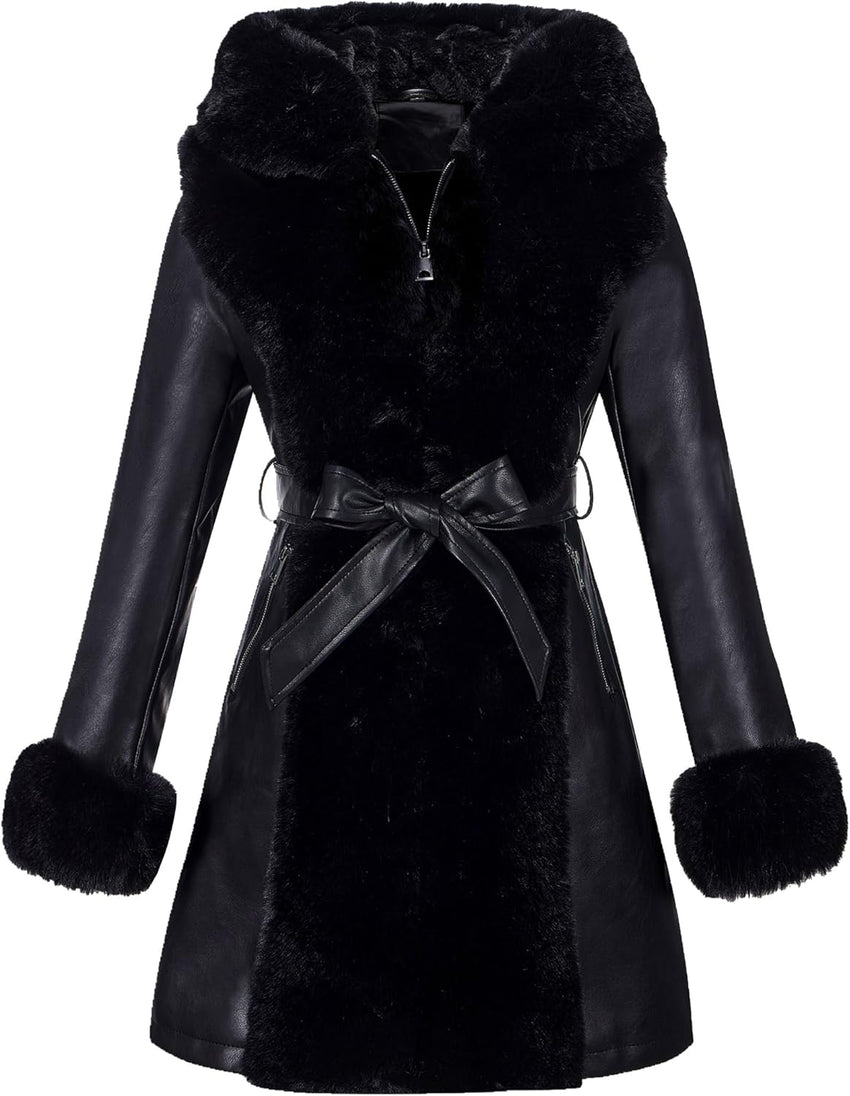RISISSIDA Luxurious Women Winter Fur Lined Coat, Leather Jacket with Hooded Long Fur Collar, Thick Warm Heavy Overcoat Belted
